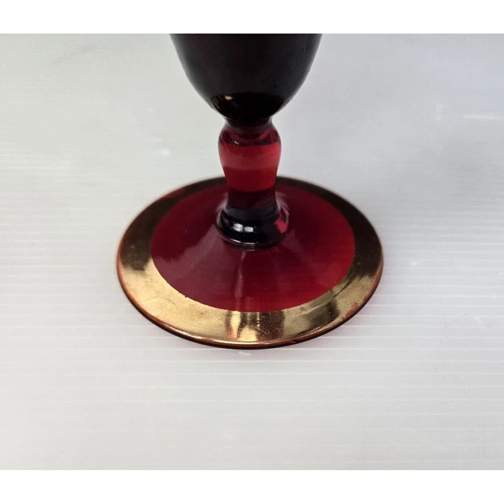 Venetian Ruby Red Wine Glass Vase Gold Gilt Enamel Floral Design Pedestal 7.25" - Picture 8 of 12